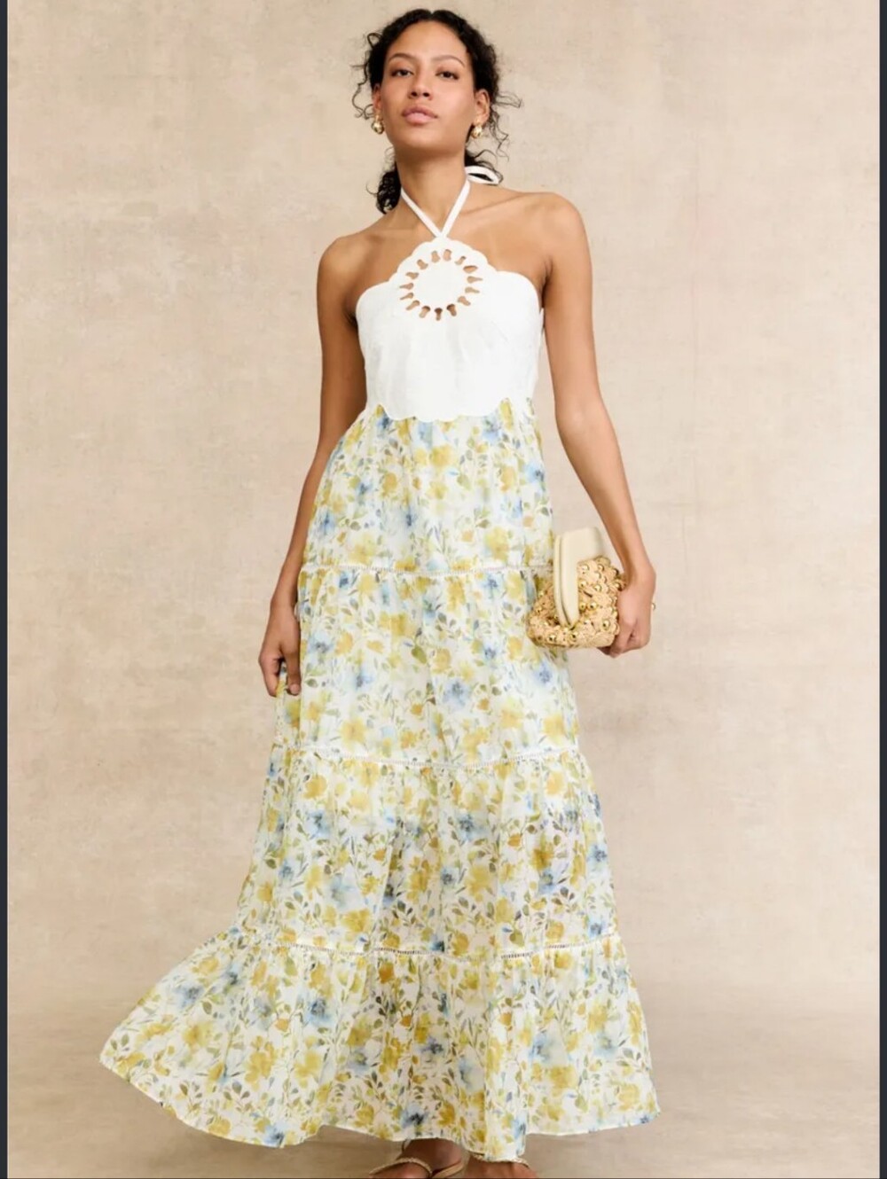 Layered With Love White Halter Maxi Dress with Yellow and Blue Floral Skirt Sz S